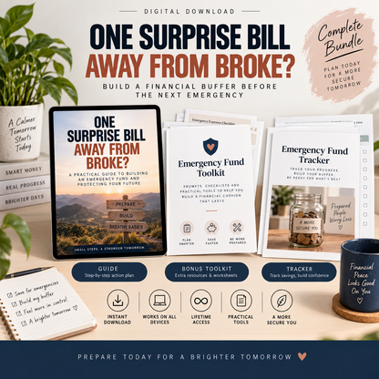Complete digital bundle for One Surprise Bill Away From Broke? The Emergency Fund Playbook